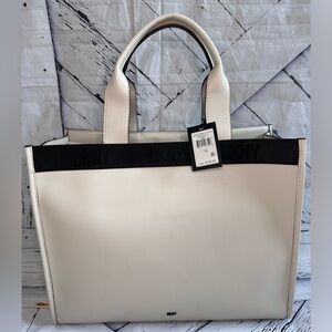 NWT DKNY XL CASSANDRA TOTE EGGSHELL CREAM PURSE BAG CARRY ON LEATHER 16” x 20”